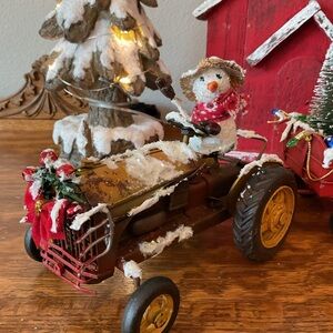 Festive Red Tractor and Wagon Holiday Decor